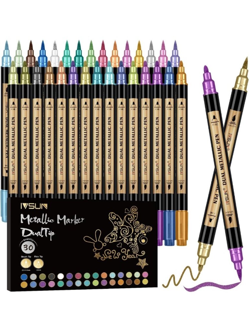 30 Colors Dual Tip Metallic Acrylic Paint Markers - Brush & Fine Tips for Art